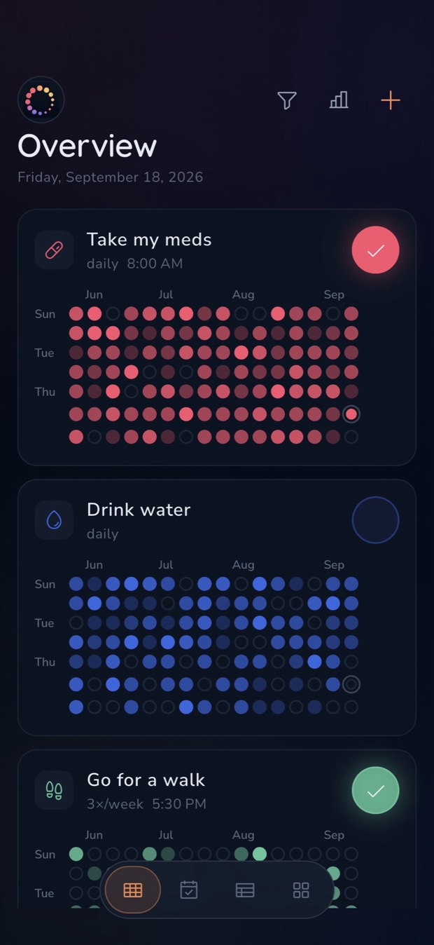 Overview: a dot grid per habit across sixteen weeks