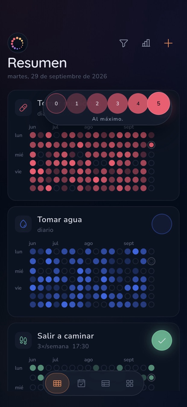 La escala de intensidad del 0 al 5, abierta sobre el botón de registro