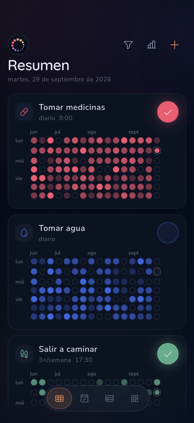 Resumen: una cuadrícula de puntos por hábito a lo largo de dieciséis semanas
