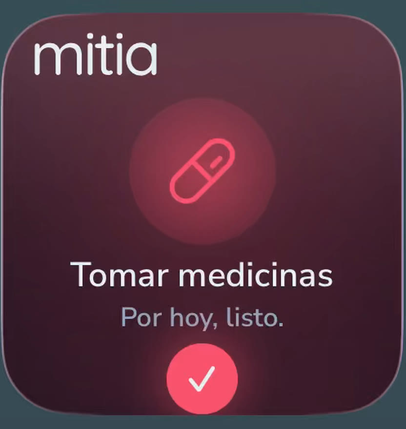 El widget de Mitia con el hábito Tomar medicinas en la pantalla de inicio